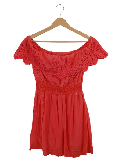 GUESS Sommerkleid Damen Gr. 36 S Rot Schulterfrei Stickerei Bohemian