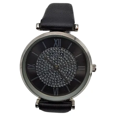 AZOZA Damenuhr Armbanduhr Leder Schwarz Strasssteine Elegant