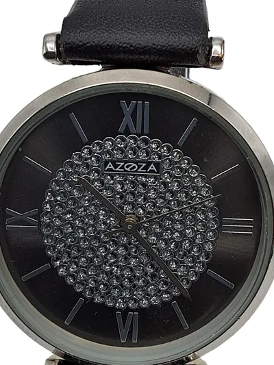 AZOZA Damenuhr Armbanduhr Leder Schwarz Strasssteine Elegant
