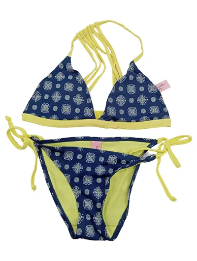 Hunkemöller Bikini Damen XS Blau Gelb Triangel Neckholder Bandeau Set