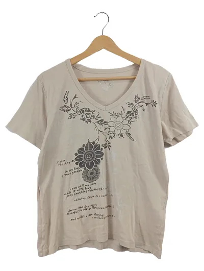 Vunic Damen T-Shirt Gr. L Beige Blumenprint Schriftzug V-Ausschnitt