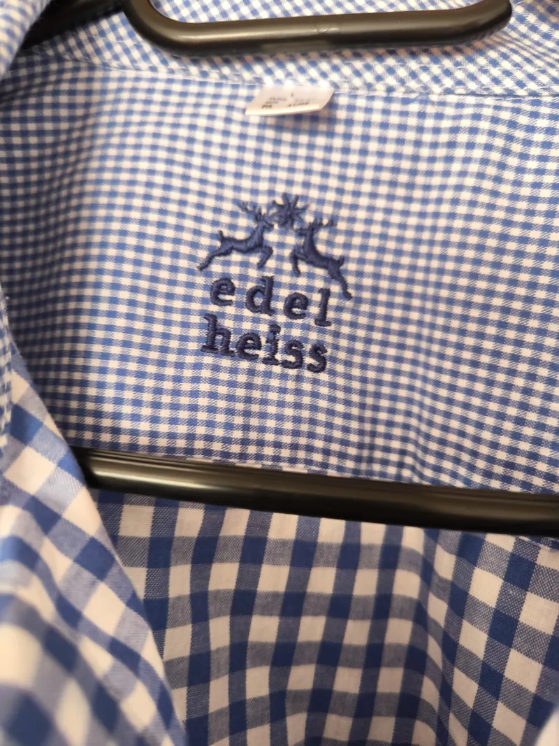 Edelheiß Trachtenhemd Herren Gr. 50;L Blau Kariert Langarm Baumwolle 3