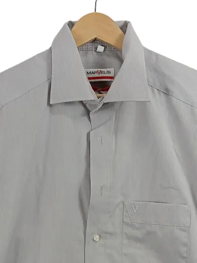 MARVELIS Business Hemd Herren Langarm Gestreift Grau Gr. 42 Slim Fit Bügelfrei