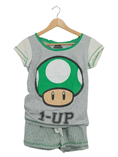 Super Mario Schlafanzug Damen M Grau Baumwolle Logo Print Freizeit