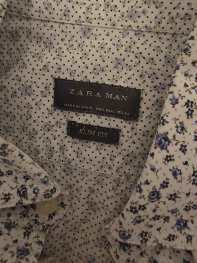 Zara Man Herren Freizeithemd Slim Fit Blumenmuster Weiß Blau Gr. L