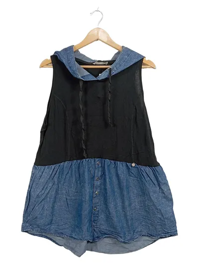 tredy Damen Jeanskleid Kleid Gr. 36 S Blau Schwarz Kapuze Ärmellos Casual