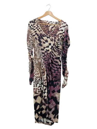 Roberto Cavalli Kleid Damen M Animal-Print Langarm Raffungen Braun