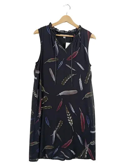 Comma Freizeitkleid Damen Gr. 38 Schwarz Federprint V-Ausschnitt Ärmellos