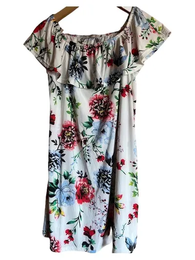 INSIDE Sommerkleid Damen Gr. 38, M Weiß Blumenmuster Off-Shoulder Casual
