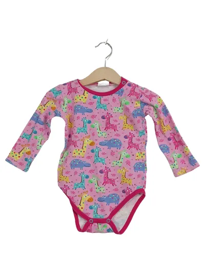 BABAUBA Baby Body Langarm Mädchen Gr. 80 Rosa Giraffen Hippos