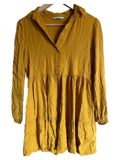 Lefties Damen Blusenkleid Hemdblusenkleid Gelb Gr. 34 XS Viskose Casual
