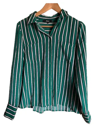 Etam Hemdbluse Damen Gr. 38 M Grün Gestreift Langarm Casual
