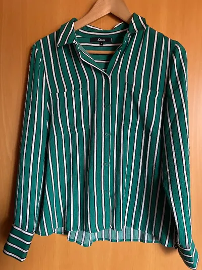 Etam Hemdbluse Damen Gr. 38 M Grün Gestreift Langarm Casual