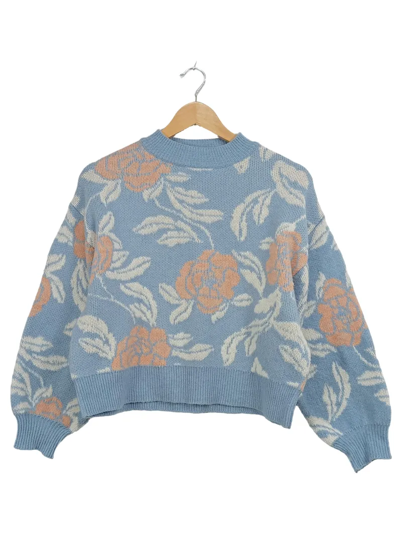 MANGO Damen Pullover Blumenmuster Gr. S Hellblau Strickpullover 1