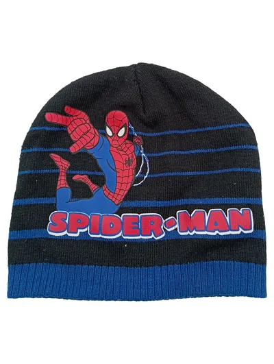 Spider-Man Kinder Mütze Beanie Strickmütze Schwarz Blau gestreift