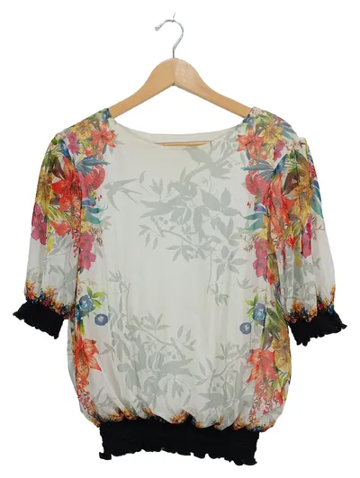 Desigual Damen Bluse Shirt Blumenmuster Gr. S weiß bunt Boho