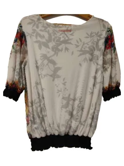 Desigual Damen Bluse Shirt Blumenmuster Gr. S weiß bunt Boho 2