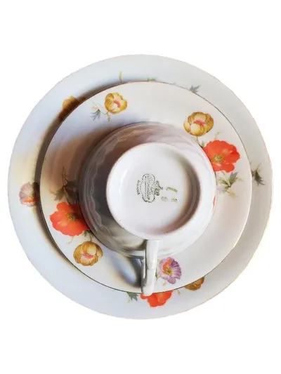 Bareuther Bavaria Porzellan Gedeck 3-tlg Tasse Untertasse Teller Mohn Blumen