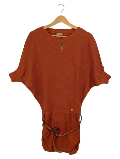 Khujo Damen Pullover Oversize Gr. S Orange Boho Strick Lederdetails