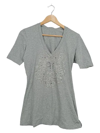 Airfield Damen T-Shirt Gr. 38 Grau Strass Applikation V-Ausschnitt
