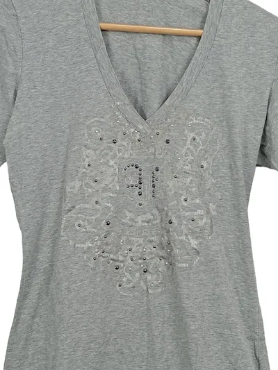 Airfield Damen T-Shirt Gr. 38 Grau Strass Applikation V-Ausschnitt