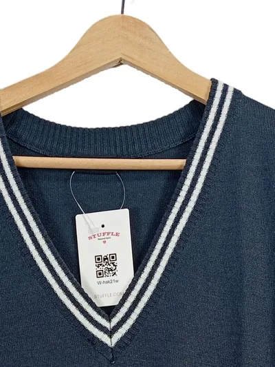 OKAY Damen Pullover Streifen V-Ausschnitt Kurzarm Blau Gr. 40/L