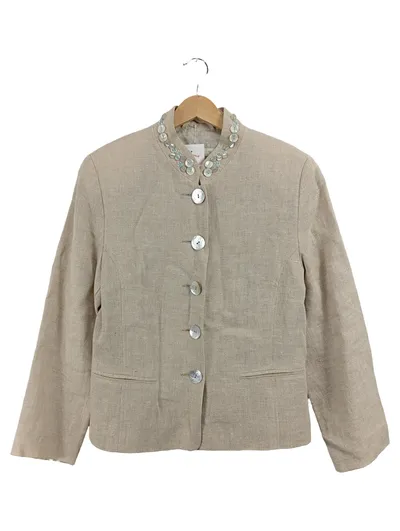 BASSET Damen Blazer Leinen Beige Gr. 40 Schmuckkragen Perlmutt