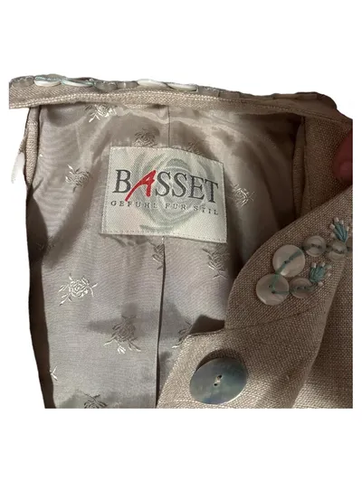BASSET Damen Blazer Leinen Beige Gr. 40 Schmuckkragen Perlmutt