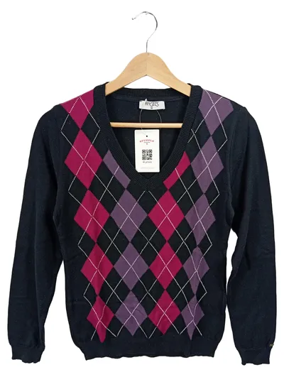 ANGELS Damen Pullover Argyle Rauten V-Ausschnitt Schwarz Pink Lila Gr. 36