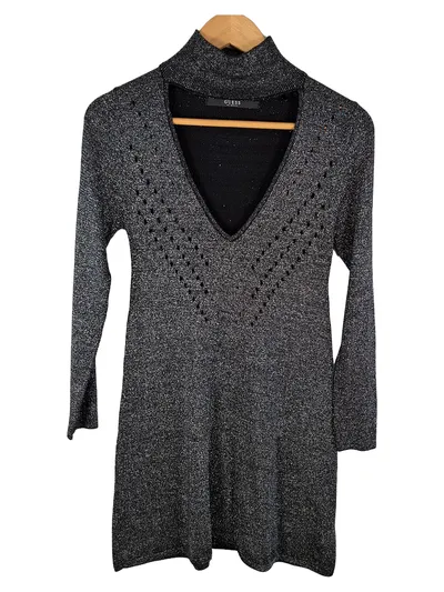 GUESS Damen Kleid Pullover Glitzer Schwarz Langarm V-Ausschnitt Gr. S