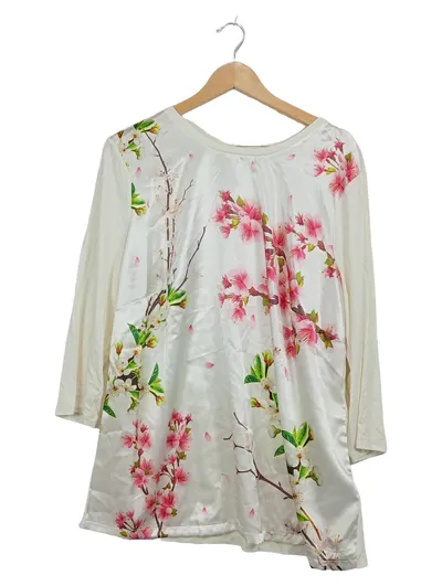 MADELEINE Langarmshirt Damen Gr. 42/XL Weiß Blumenmuster Kirschblüte