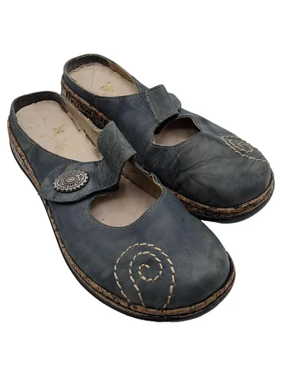 Rieker Damen Clogs Pantoletten Gr. 39 Blau Leder Klettverschluss Komfort