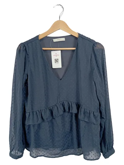 Pigalle Damen Bluse Langarm Gr. 36 Blau Rüschen Chiffon V-Ausschnitt