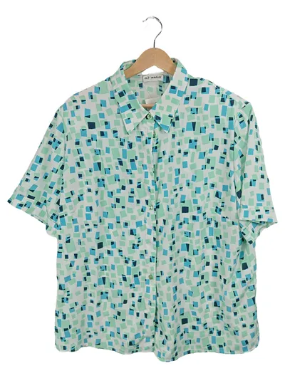 AZ Modell Damen Hemdbluse Gr. 48 Kurzarm Geometrisch Retro Muster Grün Blau