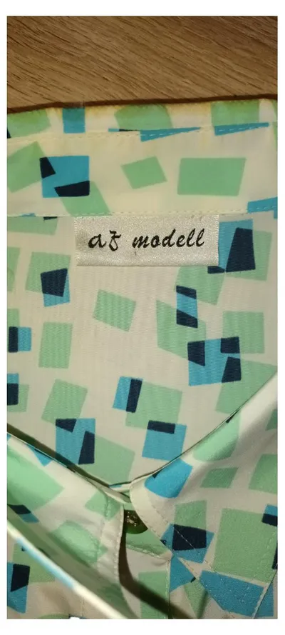 AZ Modell Damen Hemdbluse Gr. 48 Kurzarm Geometrisch Retro Muster Grün Blau