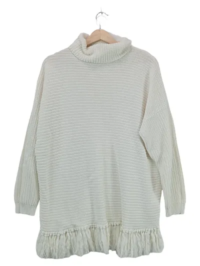 Alba Moda Rollkragenpullover Damen Gr. 48/50 Weiß Fransen Strick