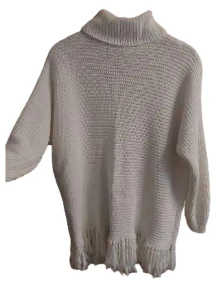 Alba Moda Rollkragenpullover Damen Gr. 48/50 Weiß Fransen Strick 3