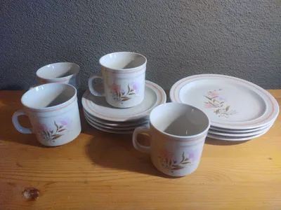 China Pearl Kaffeeservice Diana Steingut Blumenmuster 4 Tassen Untertassen