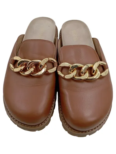 Michael Kors Damen Pantoletten Mules Gr. 39 Braun Leder Goldkette