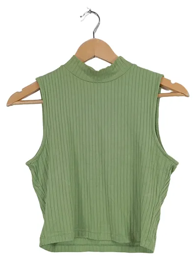 EDITED Damen Rippstrick Crop Top Rollkragen Gr. 40 L Grün Ärmellos