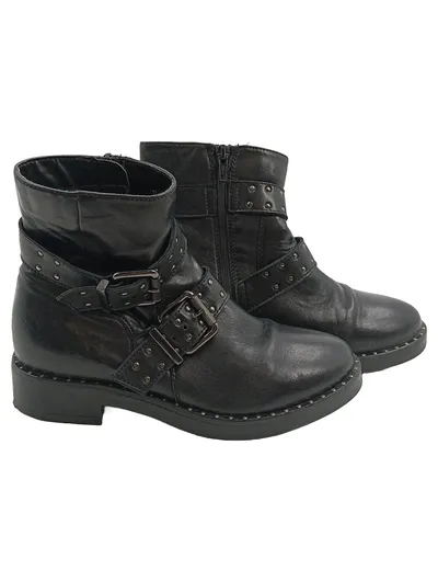 Tamaris Damen Stiefelette Gr. 36 Schwarz Leder Nieten Schnallen Biker