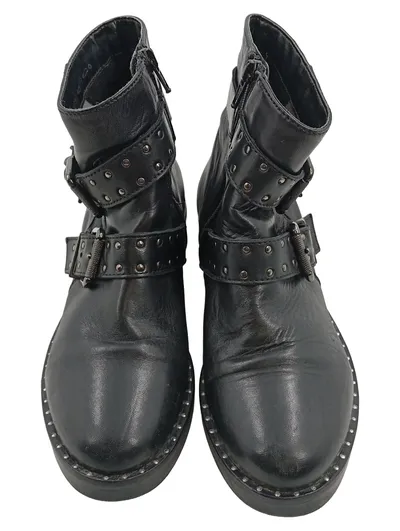 Tamaris Damen Stiefelette Gr. 36 Schwarz Leder Nieten Schnallen Biker