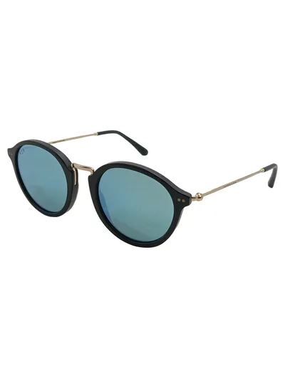 SNUKIS Sonnenbrille Rund Retro Blau Spiegelglas Schwarz Gold Unisex