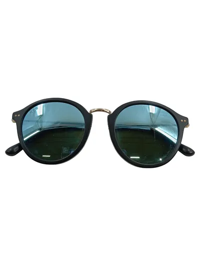 SNUKIS Sonnenbrille Rund Retro Blau Spiegelglas Schwarz Gold Unisex