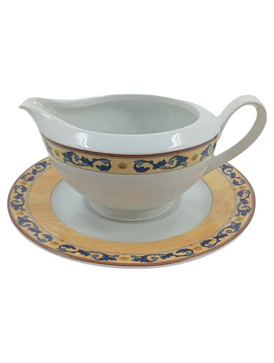 Bruno Evrard Sauciere mit Unterteller Porzellan Limoges klassisch weiß blau