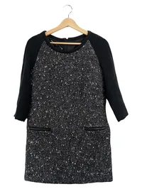 MANGO Damen Businesskleid Gr. S Tweed Fischgrät Grau 3/4-Arm Kleid 1
