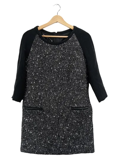 MANGO Damen Businesskleid Gr. S Tweed Fischgrät Grau 3/4-Arm Kleid