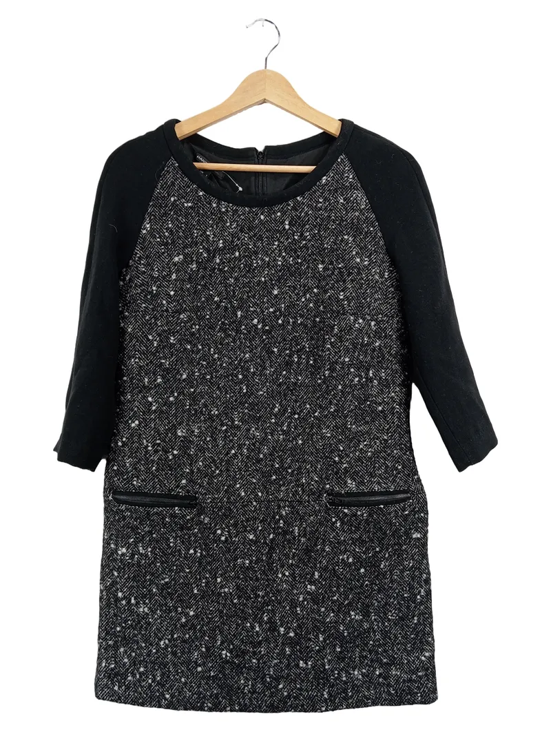 MANGO Damen Businesskleid Gr. S Tweed Fischgrät Grau 3/4-Arm Kleid 1