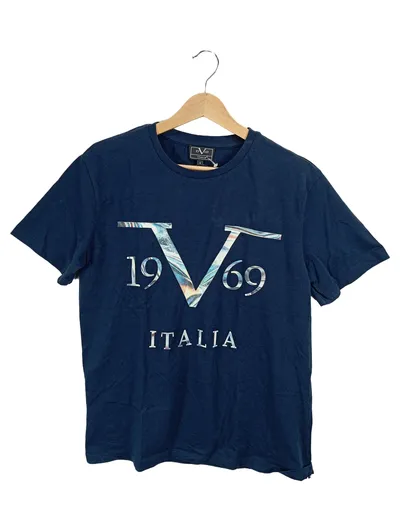 19V69 Italia Herren T-Shirt Gr. S Blau Logo-Print Casual Baumwolle