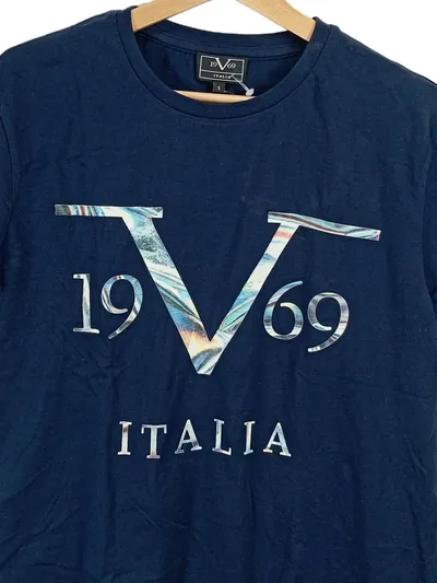 19V69 Italia Herren T-Shirt Gr. S Blau Logo-Print Casual Baumwolle